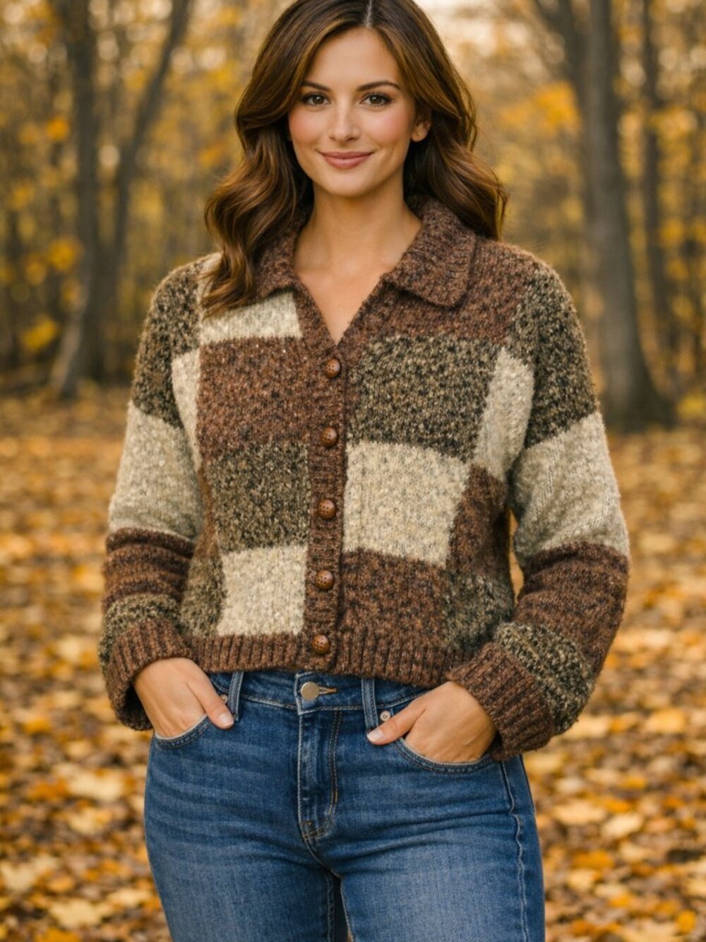 Color Block Cropped Cardigan Sweater Dress Barn, Quilt-Like Buttons Browns Small